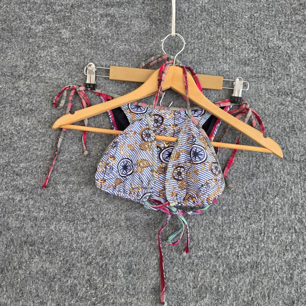 Agua Bendita Bikini Set Large Nautical Stripe Triangle Side Tie Blue Beach Pool